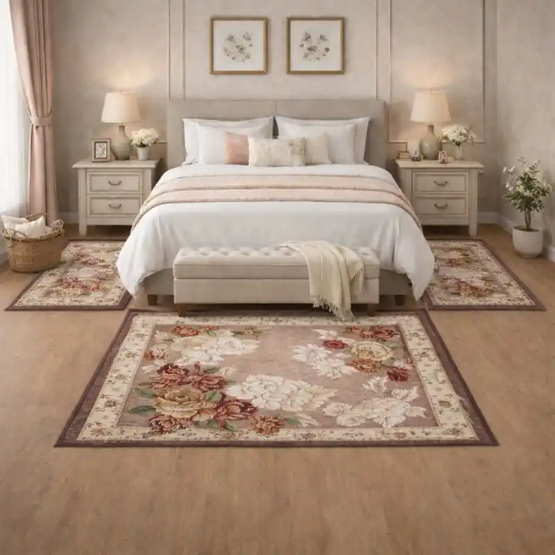 ROSETO - Tappeto Parure Scendiletto Moderno Floreale - Lavabile ed Antiscivolo - Ciniglia Jacquard - Cipria