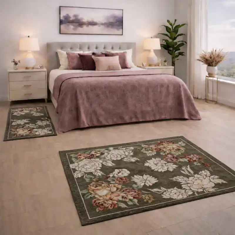 ROSETO - Tappeto Parure Scendiletto Moderno Floreale - Lavabile ed Antiscivolo - Ciniglia Jacquard - Fango
