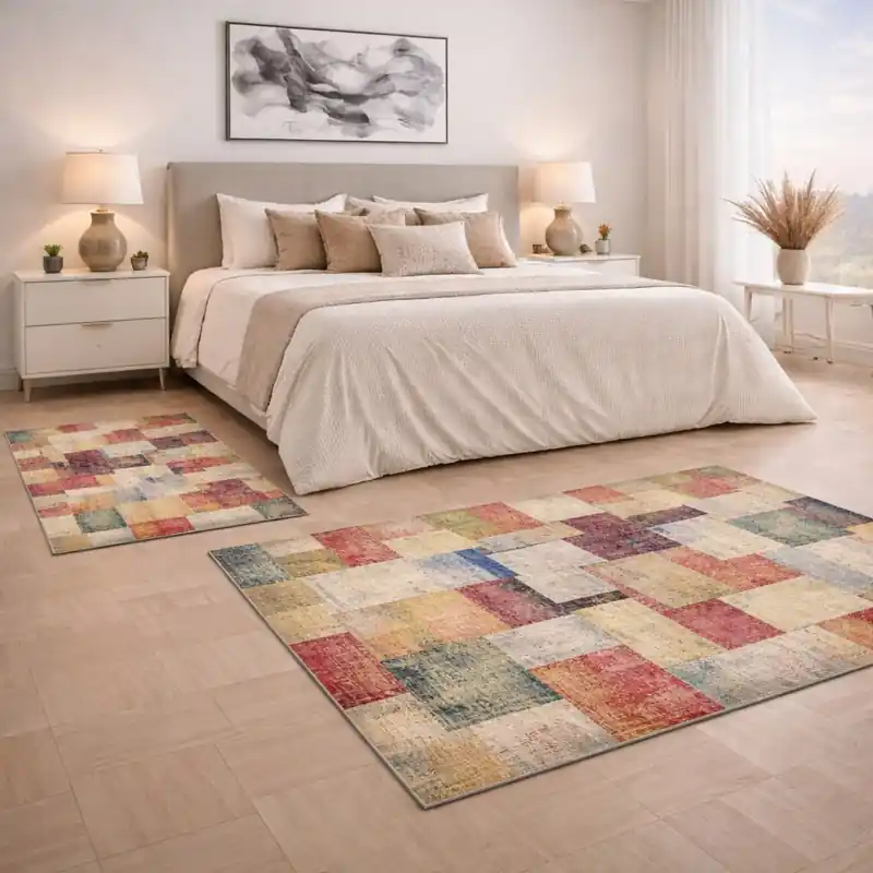 ARTE - Tappeto Passatoia Parure Scendiletto Moderno Quadri - Lavabile Antiscivolo - Ciniglia Jacquard - Blu Rosso Giallo Verde