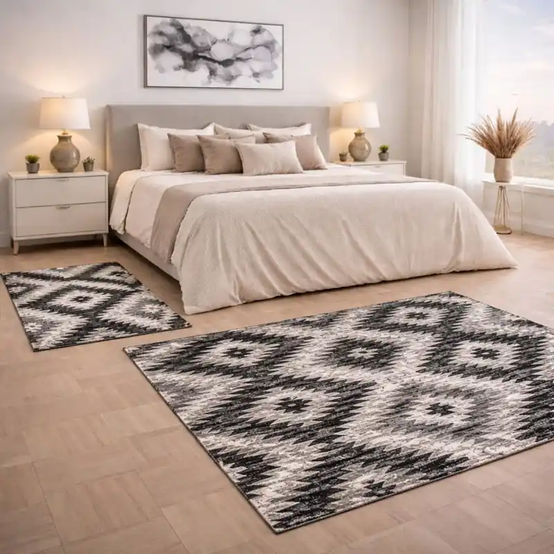 CUBA - Tappeto Parure Scendiletto Moderno Geometrico Kilim - Lavabile ed Antiscivolo - Ciniglia Jacquard - Nero