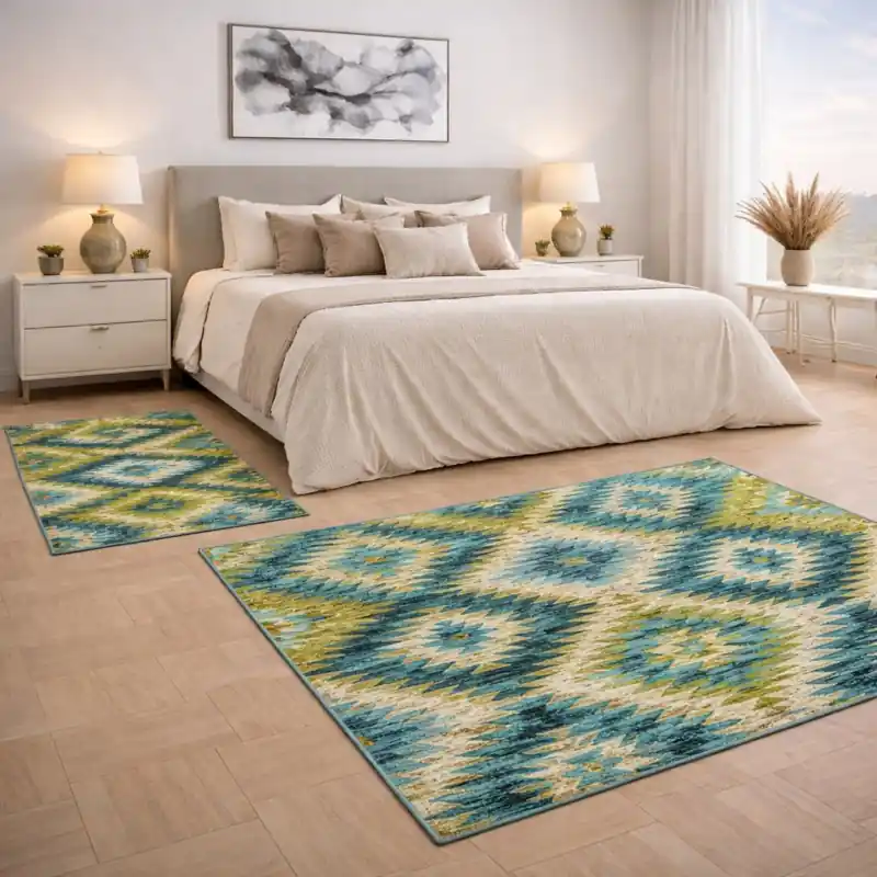 CUBA - Tappeto Parure Scendiletto Moderno Geometrico Kilim - Lavabile ed Antiscivolo - Ciniglia Jacquard - Blu Verde