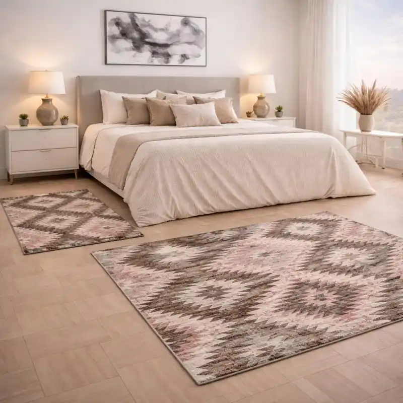 CUBA - Tappeto Parure Scendiletto Moderno Geometrico Kilim - Lavabile ed Antiscivolo - Ciniglia Jacquard - Rosa