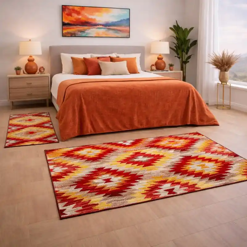 CUBA - Tappeto Parure Scendiletto Moderno Geometrico Kilim - Lavabile ed Antiscivolo - Ciniglia Jacquard - Rosso