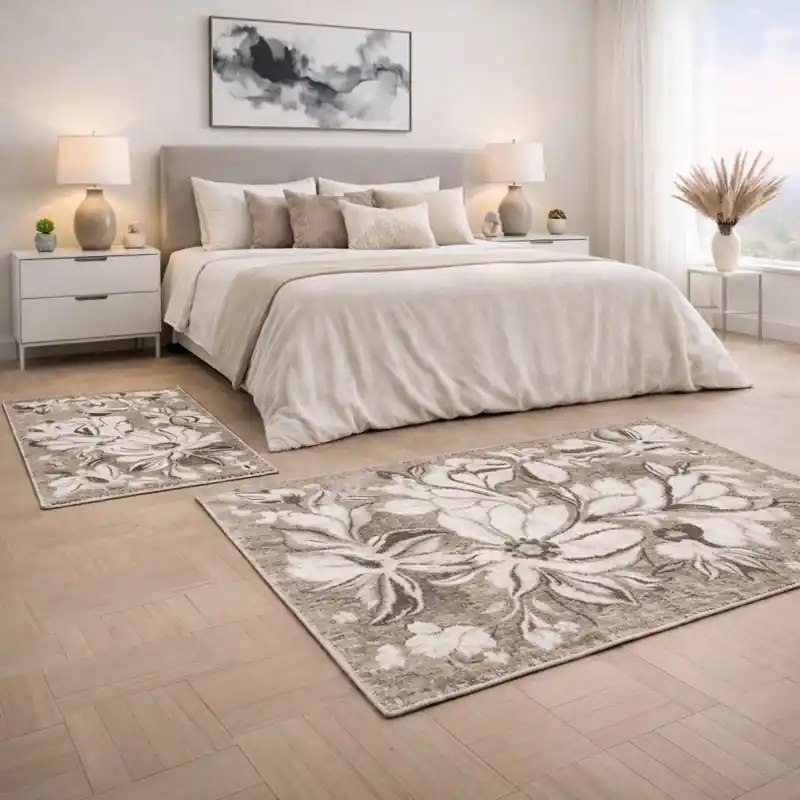 ASTRALIS - Tappeto Parure Scendiletto Moderno Floreale - Lavabile ed Antiscivolo - Ciniglia Jacquard - Tortora