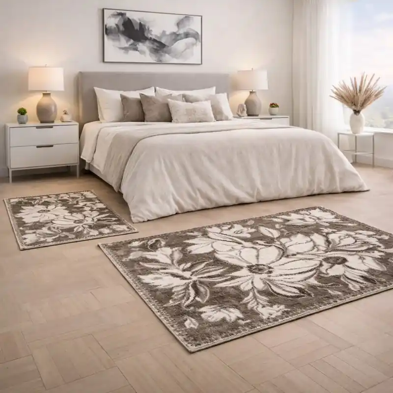 ASTRALIS - Tappeto Parure Scendiletto Moderno Floreale - Lavabile ed Antiscivolo - Ciniglia Jacquard - Marrone Fango