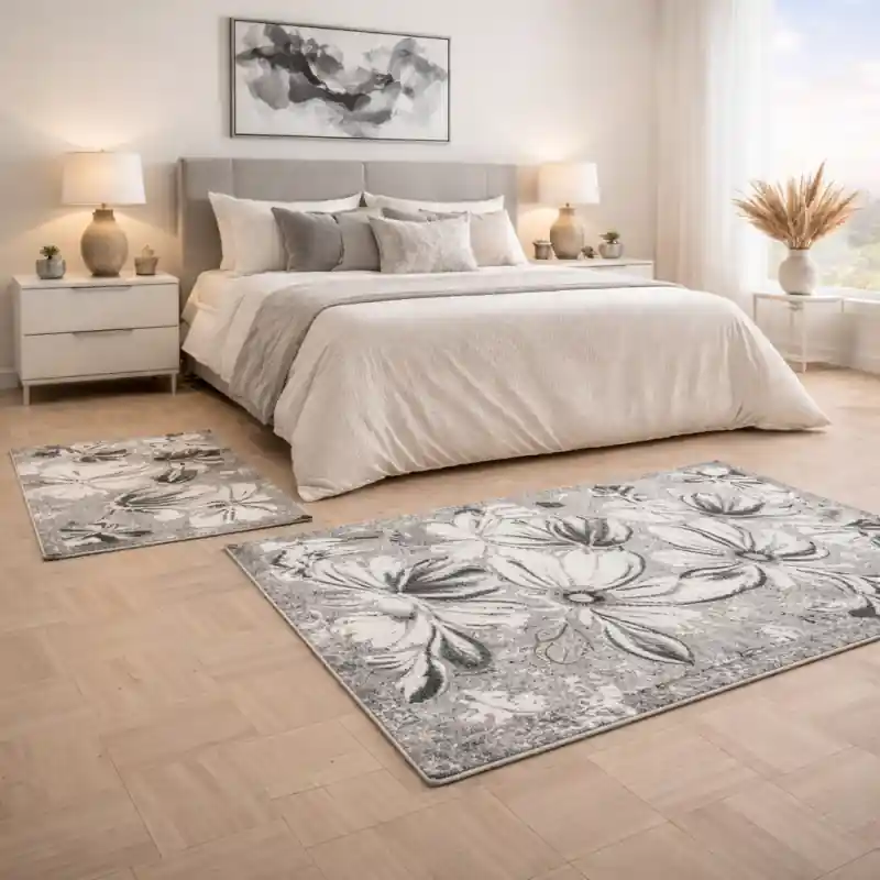 ASTRALIS - Tappeto Parure Scendiletto Moderno Floreale - Lavabile ed Antiscivolo - Ciniglia Jacquard - Grigio Argento