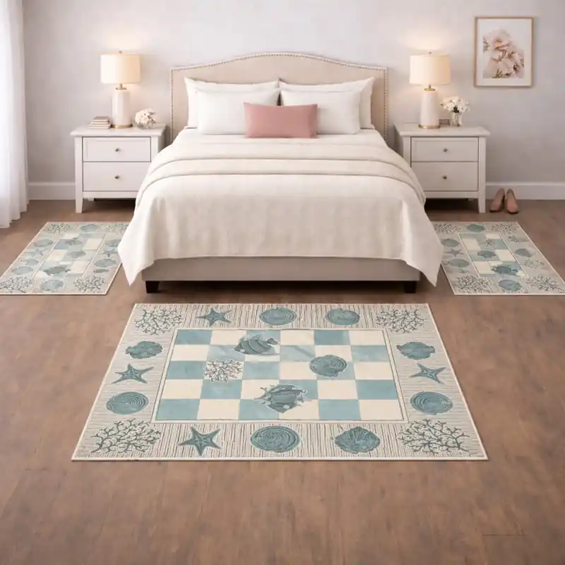 MARINE - Tappeto Parure Scendiletto Moderno Ciniglia Jacquard Scacchiera Conchiglie - Lavabile ed Antiscivolo - Verde Acqua