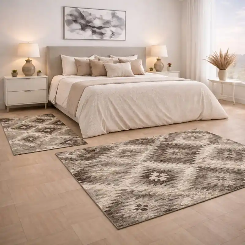 CUBA - Tappeto Parure Scendiletto Moderno Geometrico Kilim - Lavabile ed Antiscivolo - Ciniglia Jacquard - Tortora
