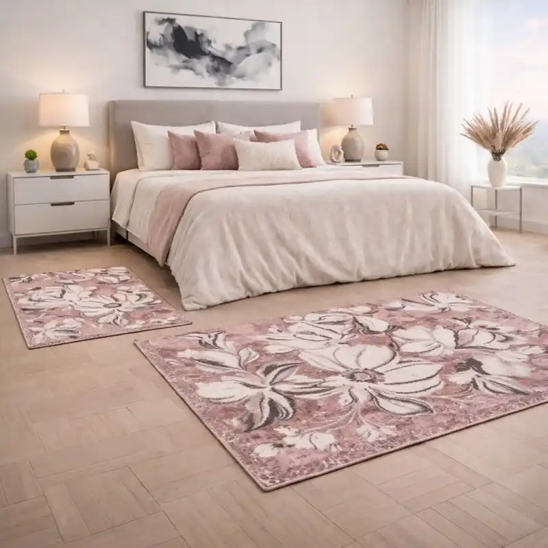 ASTRALIS - Tappeto Parure Scendiletto Moderno Floreale - Lavabile ed Antiscivolo - Ciniglia Jacquard - Rosa
