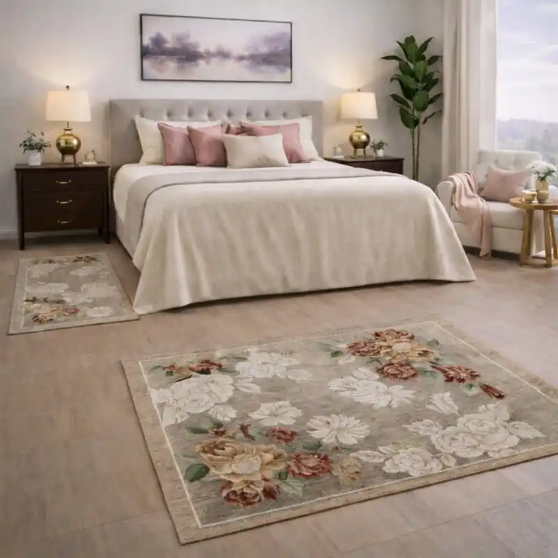 ROSETO - Tappeto Parure Scendiletto Moderno Floreale - Lavabile ed Antiscivolo - Ciniglia Jacquard - Tortora
