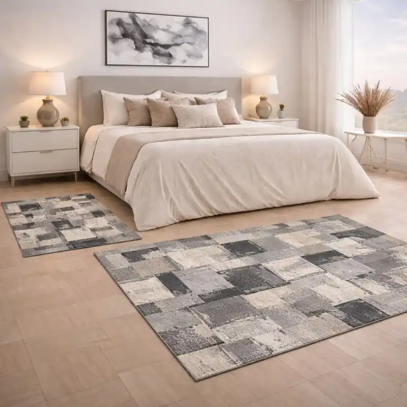 ARTE - Tappeto Passatoia Parure Scendiletto Moderno Quadri Astratto - Lavabile ed Antiscivolo - Ciniglia Jacquard - Beige Grigio