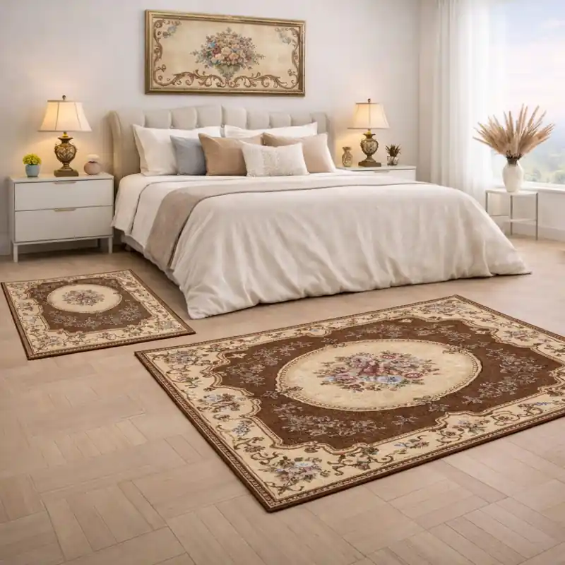 AUBUSSON - Tappeto Parure Classico Stile Francese '800 Ciniglia Jacquard - Lavabile ed Antiscivolo - Marrone