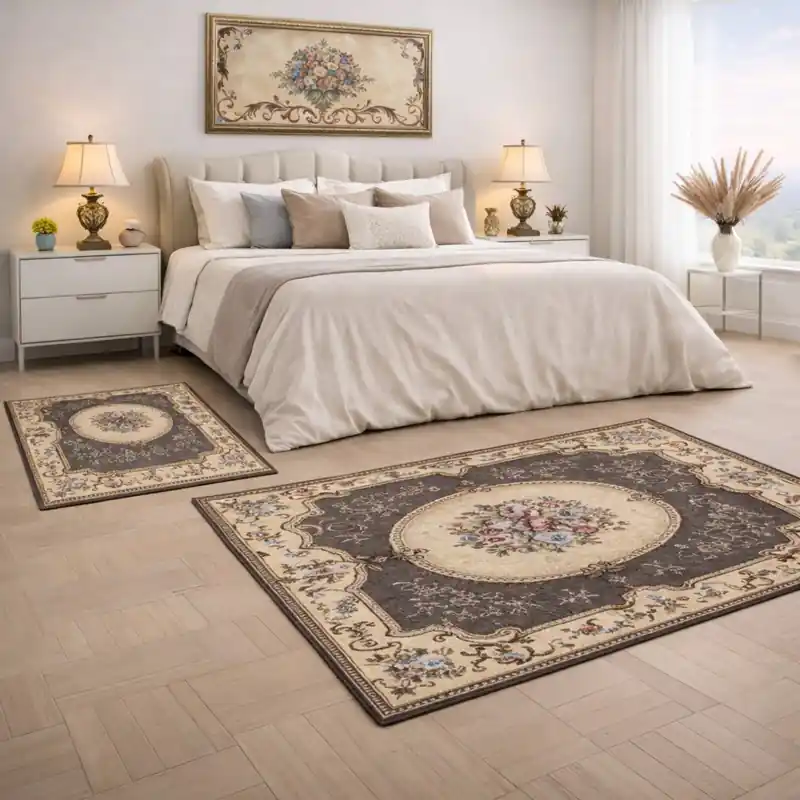 AUBUSSON - Tappeto Parure Classico Stile Francese '800 Ciniglia Jacquard - Lavabile ed Antiscivolo - Fango
