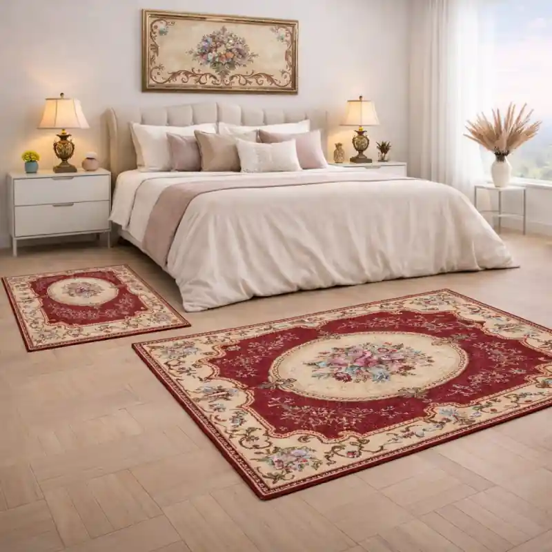 AUBUSSON - Tappeto Parure Classico Stile Francese '800 Ciniglia Jacquard - Lavabile ed Antiscivolo - Rosso