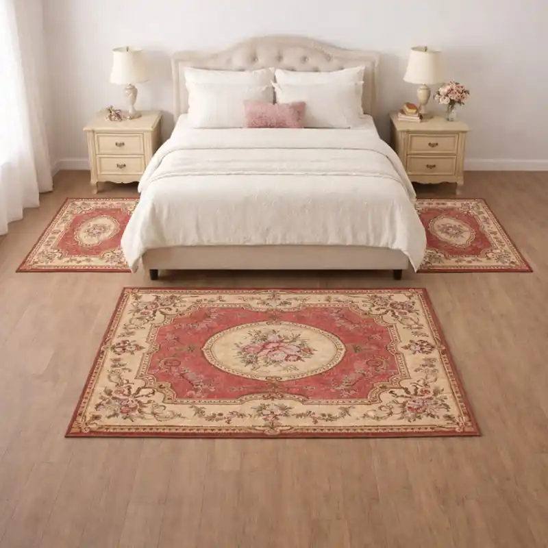 AUBUSSON - Tappeto Parure Classico Stile Francese '800 Ciniglia Jacquard - Lavabile ed Antiscivolo - Rosa