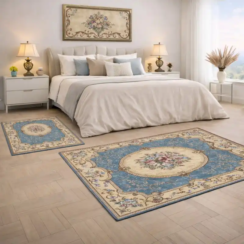 AUBUSSON - Tappeto Parure Classico Stile Francese '800 Ciniglia Jacquard - Lavabile ed Antiscivolo - Azzurro