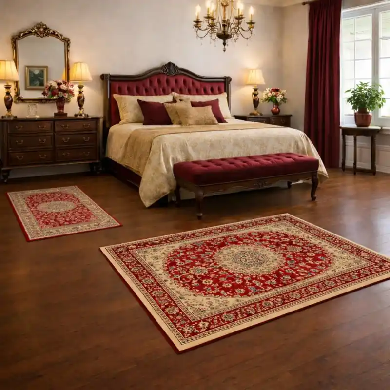 KAZAKH - Tappeto Parure Scendiletto Classico Stile Caucasico Effetto Seta Fiori Rosone Rosso 2154