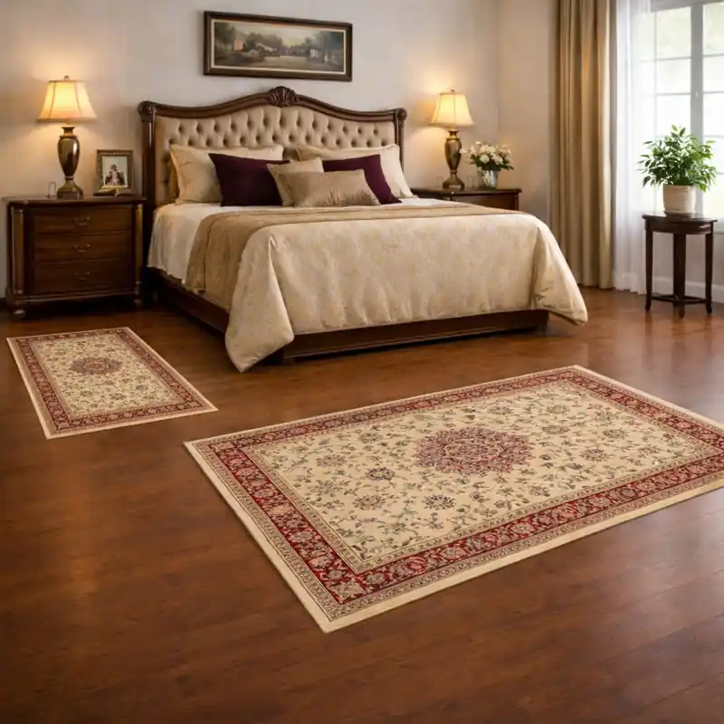 KAZAKH - Tappeto Parure Scendiletto Classico Stile Caucasico Effetto Seta Fiori Rosone Beige 2154