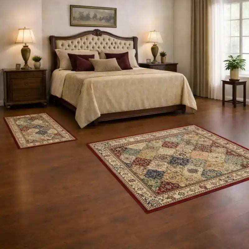 KAZAKH - Tappeto Parure Scendiletto Classico Stile Caucasico Effetto Seta Fiori Geometrico Tessere Beige Blu Rosso 2192