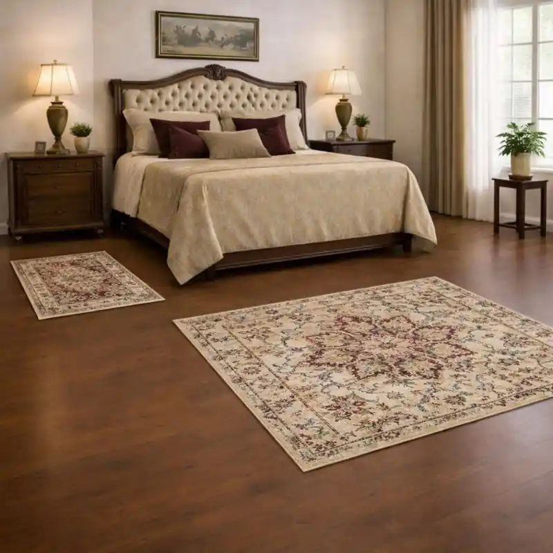 KAZAKH - Tappeto Parure Scendiletto Classico Stile Caucasico Effetto Seta Fiori Geometrico Beige Blu Rosso 1529