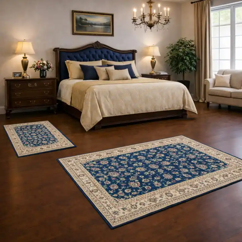 KAZAKH - Tappeto Parure Scendiletto Classico Stile Caucasico Effetto Seta Fiori Blu Azzurro 1517