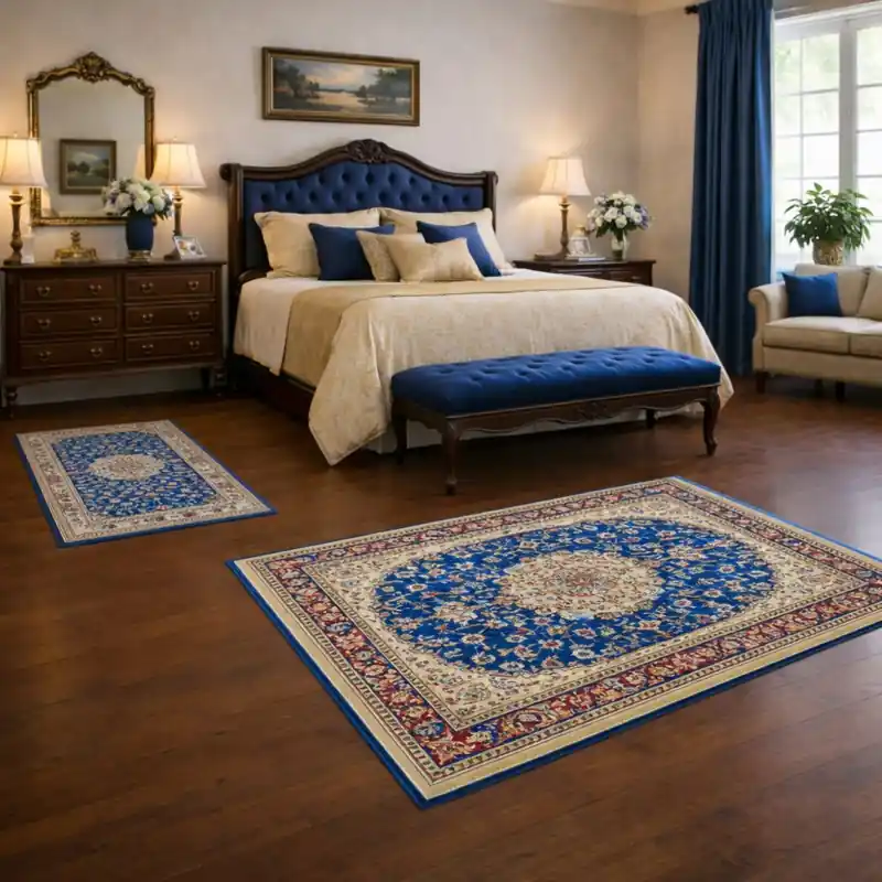KAZAKH - Tappeto Parure Scendiletto Classico Stile Caucasico Effetto Seta Fiori Blu Azzurro 2154