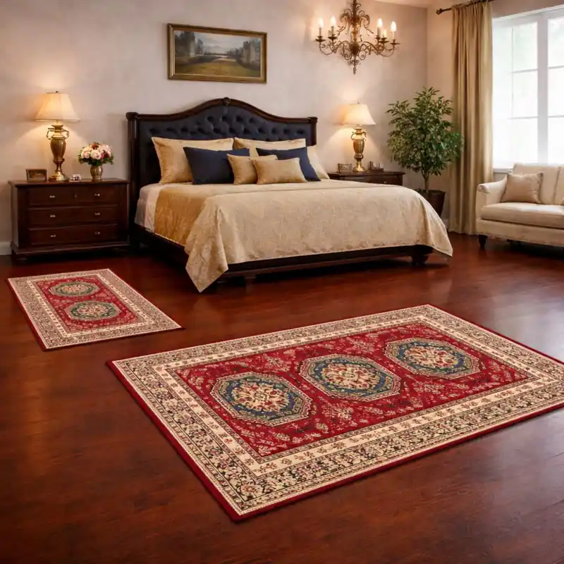 KAZAKH - Tappeto Parure Scendiletto Classico Stile Caucasico Effetto Seta Geometrico Rosso 1351