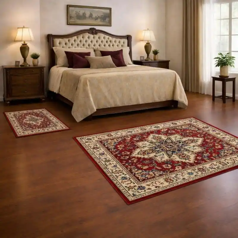 KAZAKH - Tappeto Parure Scendiletto Classico Stile Caucasico Effetto Seta Rosso 1535