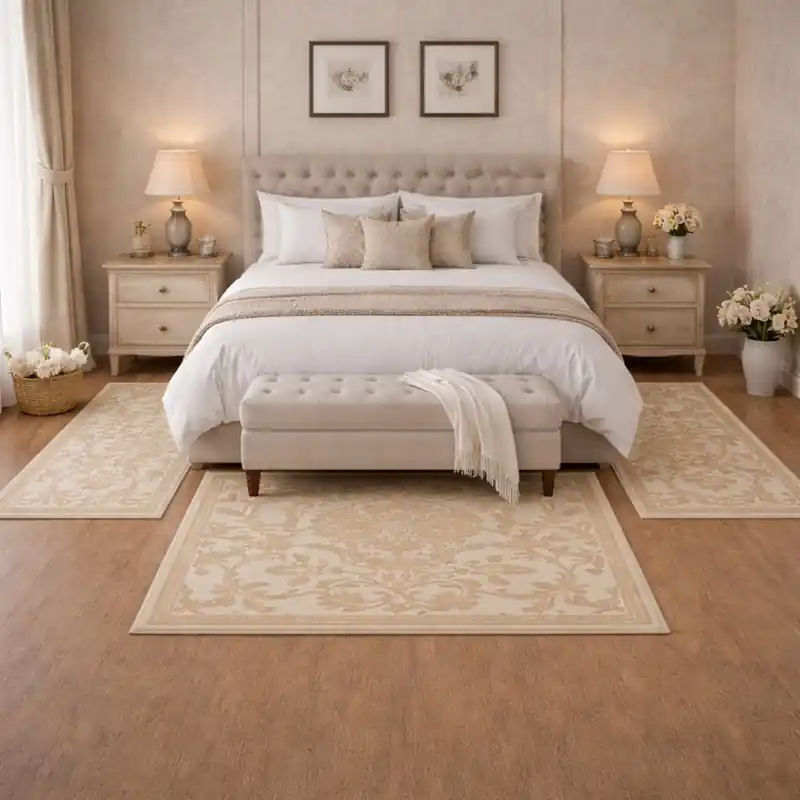 LEVANTE - Tappeto Parure Scendiletto Classico Ciniglia Jacquard Raffinato Effetto Rilievo - Lavabile ed Antiscivolo - Tortora