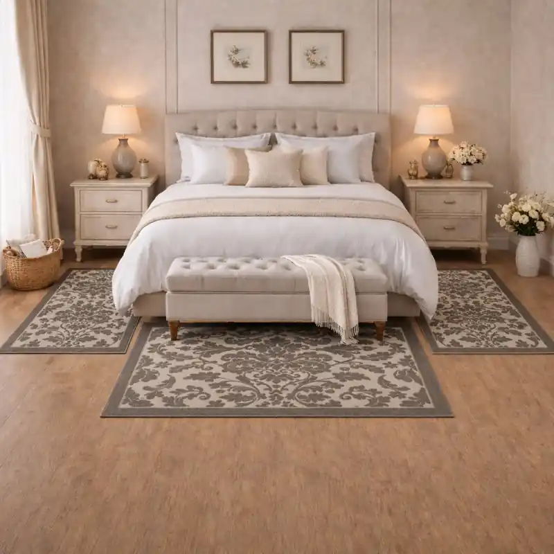 LEVANTE - Tappeto Parure Scendiletto Classico Ciniglia Jacquard Raffinato Effetto Rilievo - Lavabile ed Antiscivolo - Fango