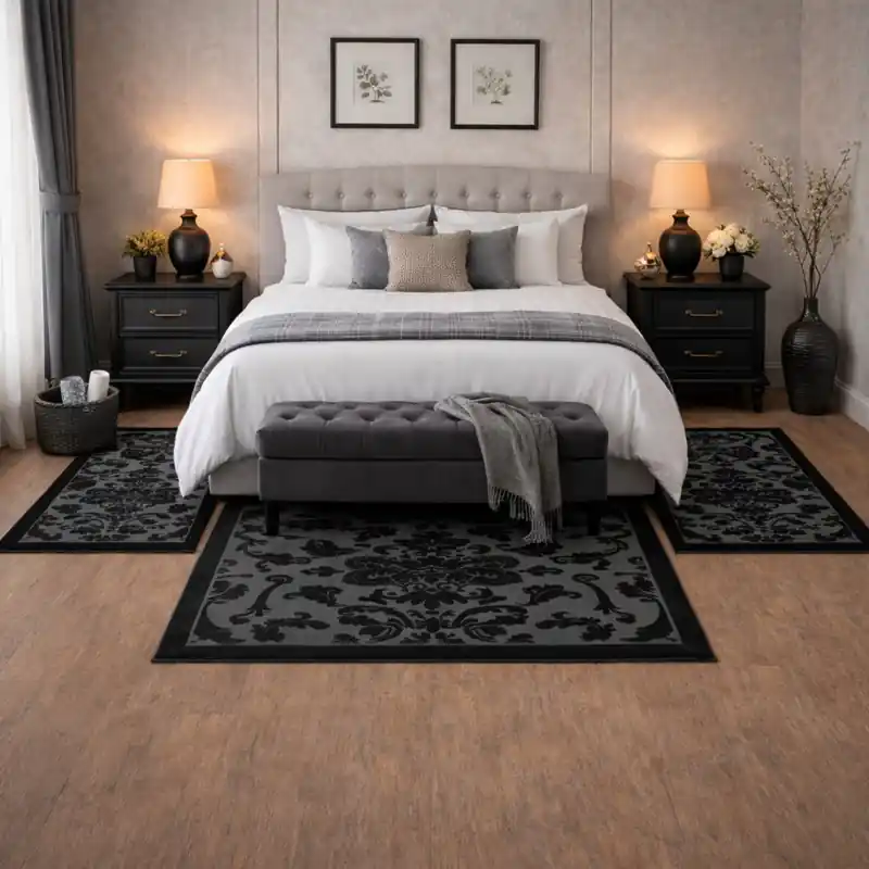 LEVANTE - Tappeto Parure Scendiletto Classico Ciniglia Jacquard Raffinato Effetto Rilievo - Lavabile ed Antiscivolo - Nero