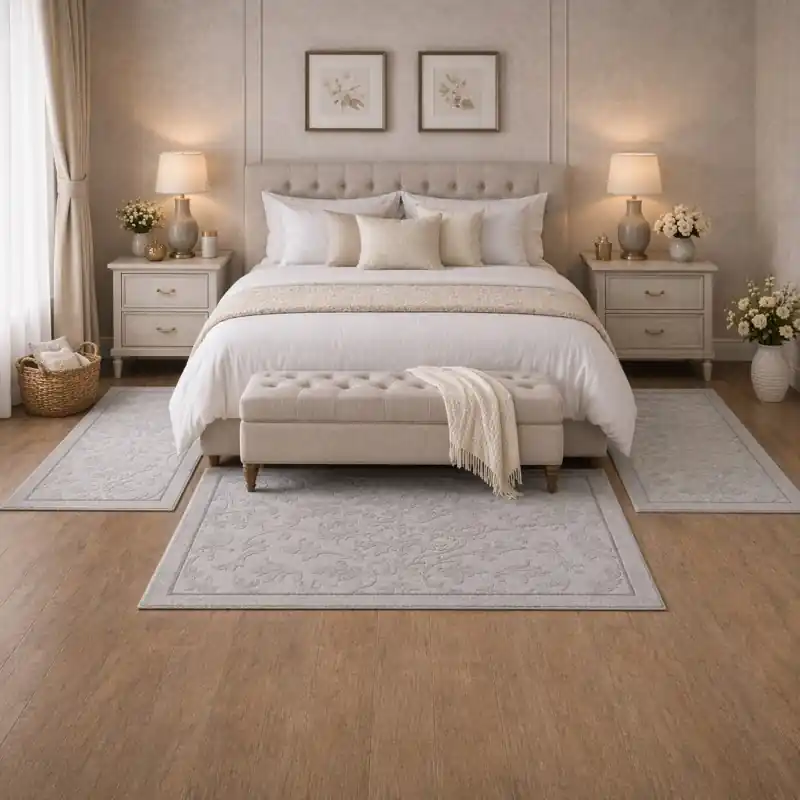LEVANTE - Tappeto Parure Scendiletto Classico Ciniglia Jacquard Raffinato Effetto Rilievo - Lavabile ed Antiscivolo - Perla