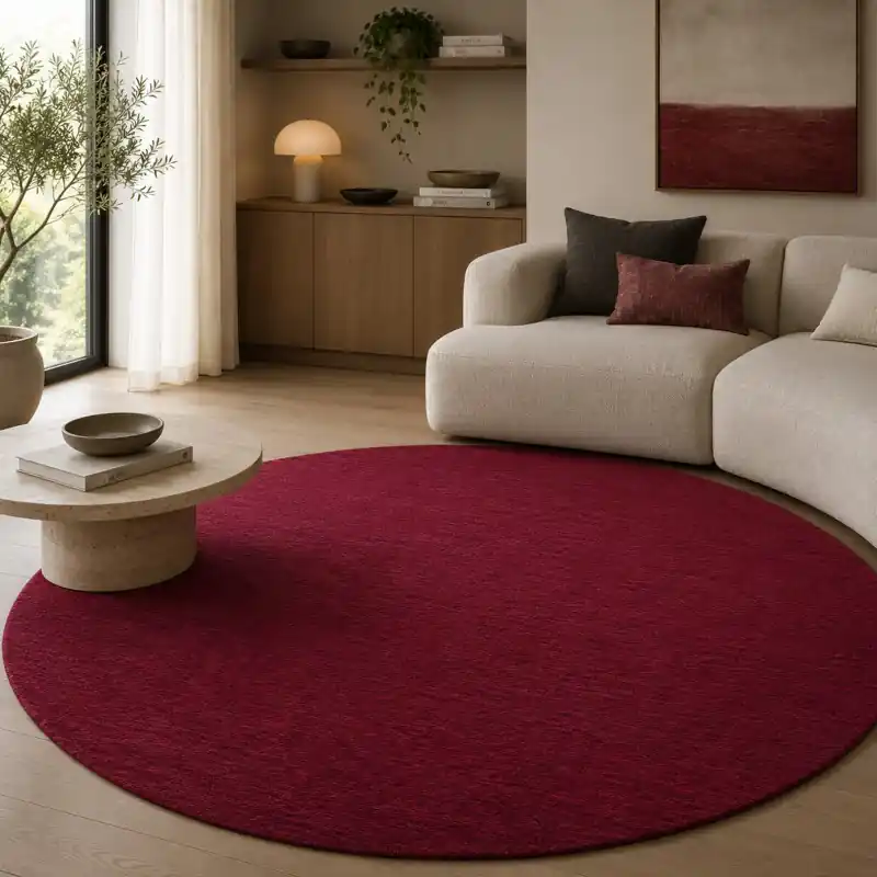 OLIMPO - Tappeto Classico Rotondo Tinta Unita Sfumato Ciniglia Jacquard - Lavabile ed Antiscivolo - Rosso