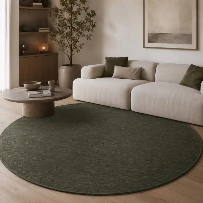 OLIMPO - Tappeto Classico Rotondo Tinta Unita Sfumato Ciniglia Jacquard - Lavabile ed Antiscivolo - Foresta