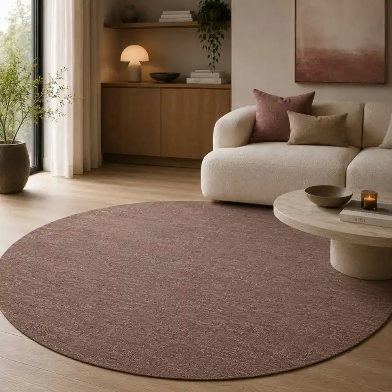 OLIMPO - Tappeto Classico Rotondo Tinta Unita Sfumato Ciniglia Jacquard - Lavabile ed Antiscivolo - Cipria
