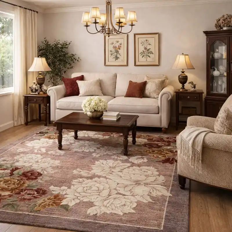 ROSETO - Tappeto Moderno Floreale - Lavabile ed Antiscivolo - Ciniglia Jacquard - Cipria