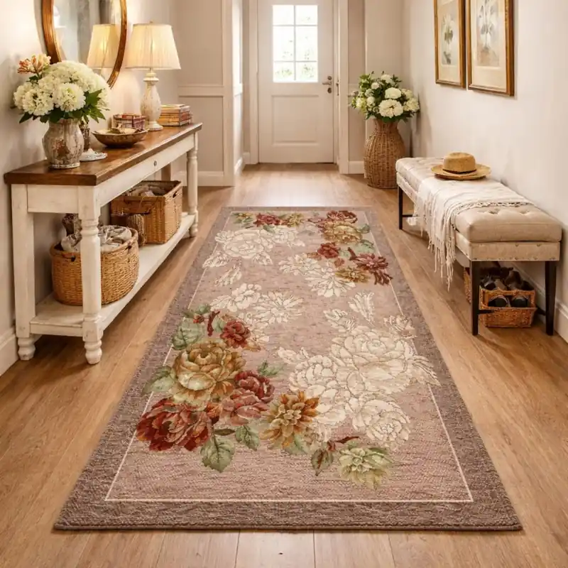 ROSETO - Tappeto Passatoia Corsia Moderno Floreale - Lavabile ed Antiscivolo - Ciniglia Jacquard - Cipria