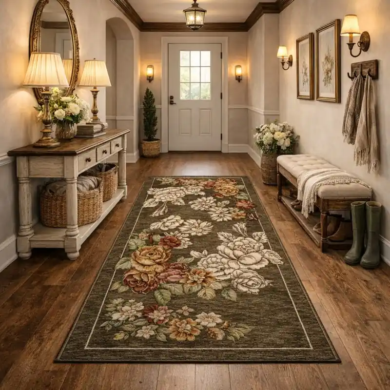 ROSETO - Tappeto Passatoia Corsia Moderno Floreale - Lavabile ed Antiscivolo - Ciniglia Jacquard - Fango