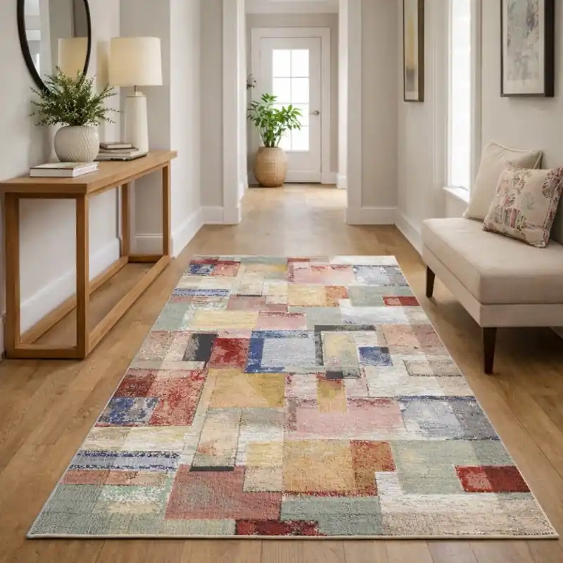 ARTE - Tappeto Passatoia Corsia Moderno Quadri Astratto - Lavabile ed Antiscivolo - Ciniglia Jacquard - Blu Rosso Giallo Verde
