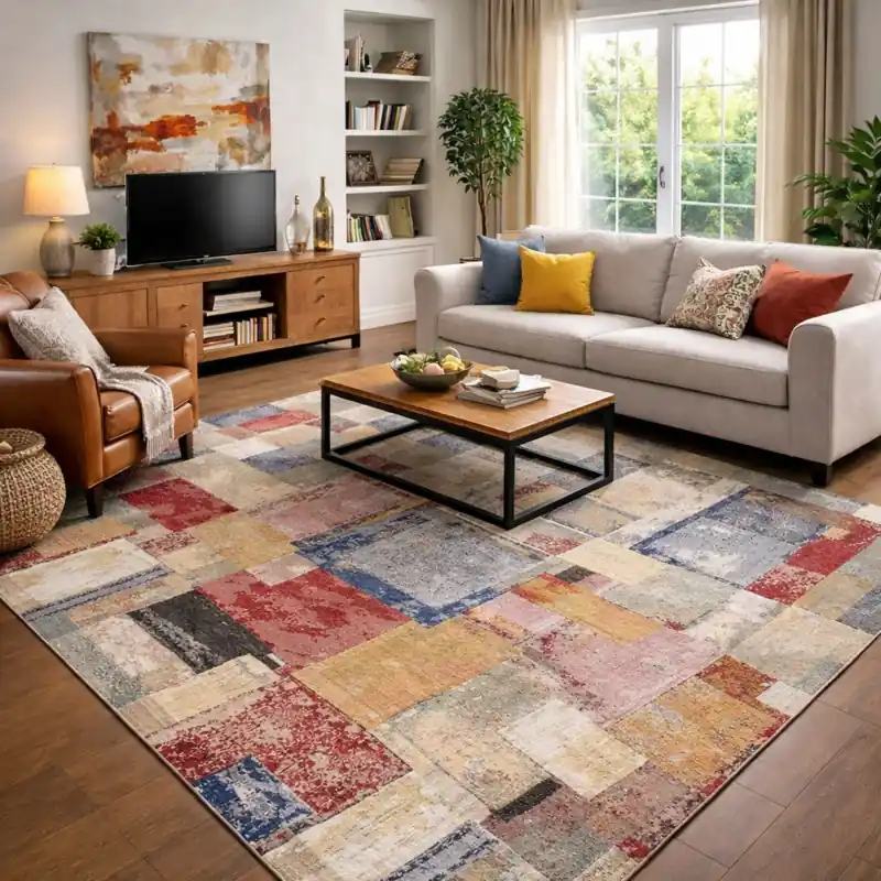 ARTE - Tappeto Moderno Quadri Astratto - Lavabile ed Antiscivolo - Ciniglia Jacquard - Blu Rosso Giallo Verde