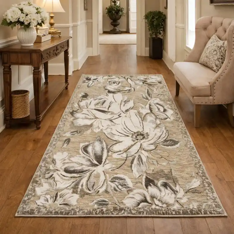 ASTRALIS - Tappeto Passatoia Corsia Moderno Floreale - Lavabile ed Antiscivolo - Ciniglia Jacquard - Tortora