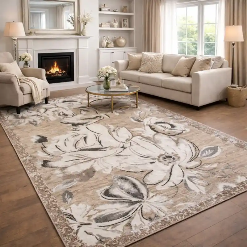 ASTRALIS - Tappeto Moderno Floreale - Lavabile ed Antiscivolo - Ciniglia Jacquard - Tortora
