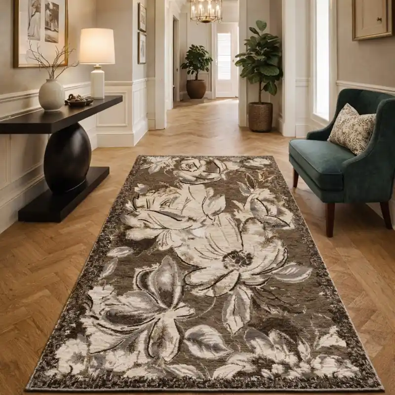 ASTRALIS - Tappeto Passatoia Corsia Moderno Floreale - Lavabile ed Antiscivolo - Ciniglia Jacquard - Marrone Fango