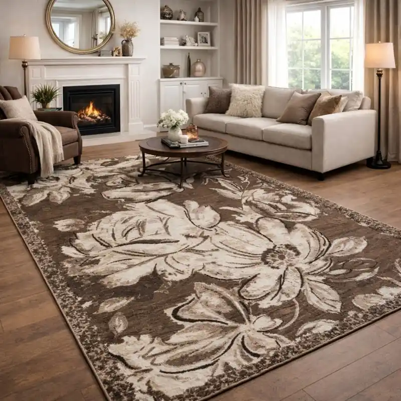 ASTRALIS - Tappeto Moderno Floreale - Lavabile ed Antiscivolo - Ciniglia Jacquard - Marrone Fango