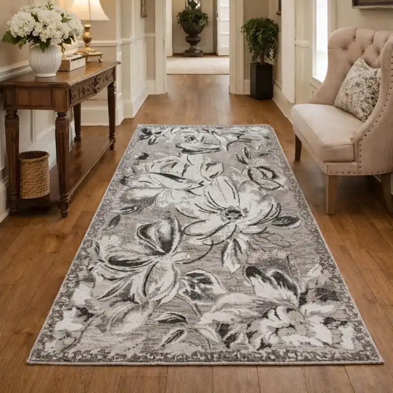 ASTRALIS - Tappeto Passatoia Corsia Moderno Floreale - Lavabile ed Antiscivolo - Ciniglia Jacquard - Grigio Argento