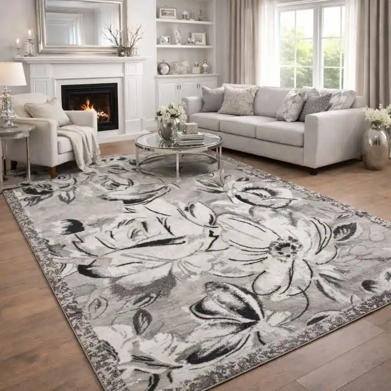 ASTRALIS - Tappeto Moderno Floreale - Lavabile ed Antiscivolo - Ciniglia Jacquard - Grigio Argento
