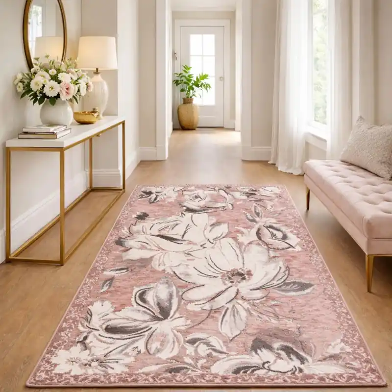 ASTRALIS - Tappeto Passatoia Corsia Moderno Floreale - Lavabile ed Antiscivolo - Ciniglia Jacquard - Rosa