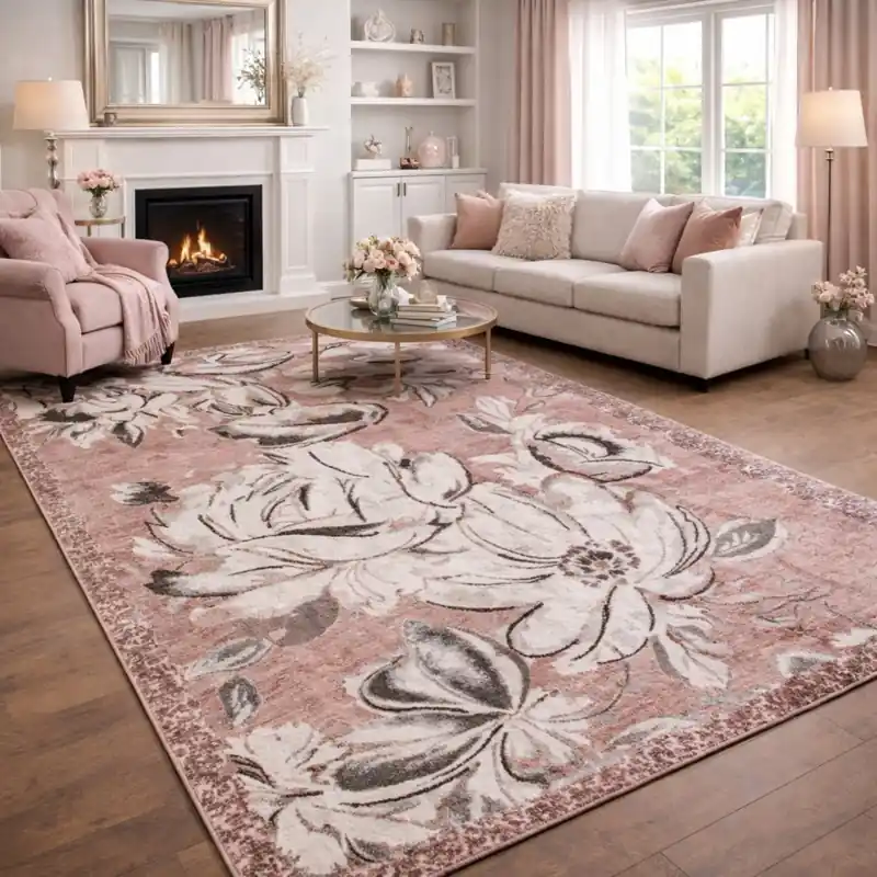 ASTRALIS - Tappeto Moderno Floreale - Lavabile ed Antiscivolo - Ciniglia Jacquard - Rosa