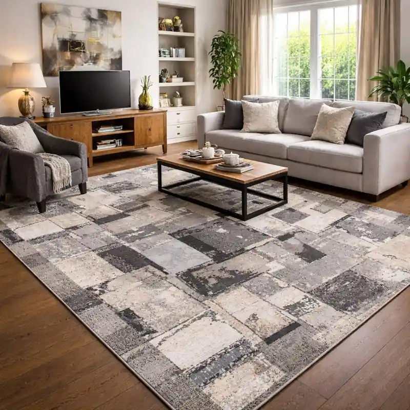 ARTE - Tappeto Moderno Quadri Astratto - Lavabile ed Antiscivolo - Ciniglia Jacquard - Beige Grigio