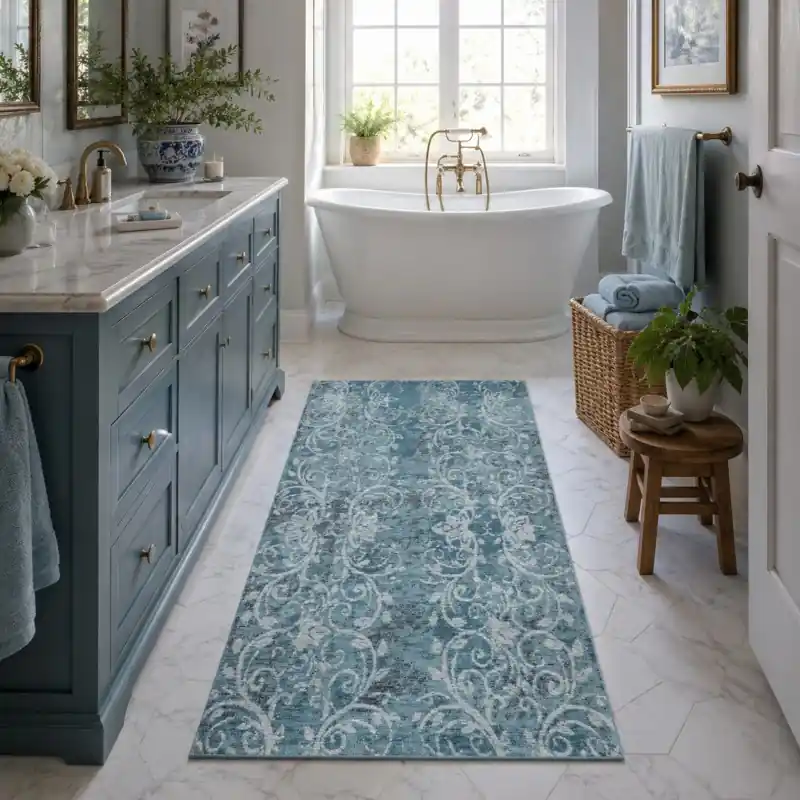 DAMASCO - Tappeto Passatoia da Bagno Geometrico Slavato - Lavabile ed Antiscivolo - Ciniglia Jacquard - Azzurro